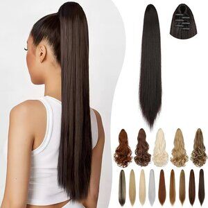 Ponytail Extension Claw 18" 20" Long Curly Wavy Straight Clip in Natural Looking